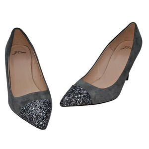 J. Crew Gray Leather Glitter Toe Elsie Pump Heels sz 8.5 NWOT Minimalist Glam